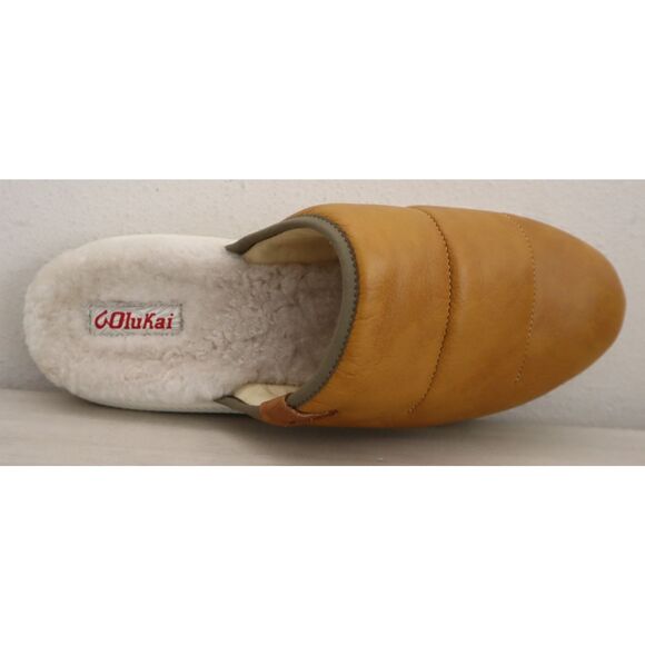 OluKai 10502 Men’s Sz 12 Gold Mua 'Ili Leather/Shearling Lined Slippers - Picture 8 of 13